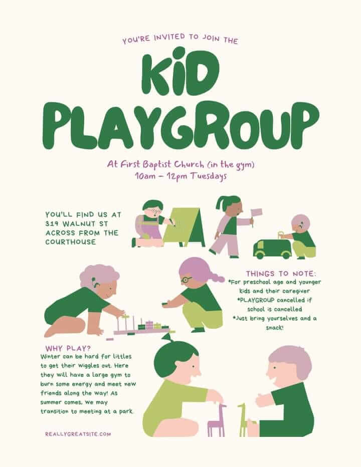 You're invited to join the kid playgroup at First Baptist Vhurch (in the gym) 10 am-12 pm on Tuesdays. You'll find us at 319 Walnut St. Across from the courthouse. Things to note: for the preschool age and younger kids and their caregiver. Playgroupl cancelled if school is cancelled. Just bring yourselves and a snack. Why Play? Winter can be hard for littles to get their wiggles out. Here they will have a large gym to burn some energy and meet noew friends along the way. As Summer comes we may transition to meeting at a park.