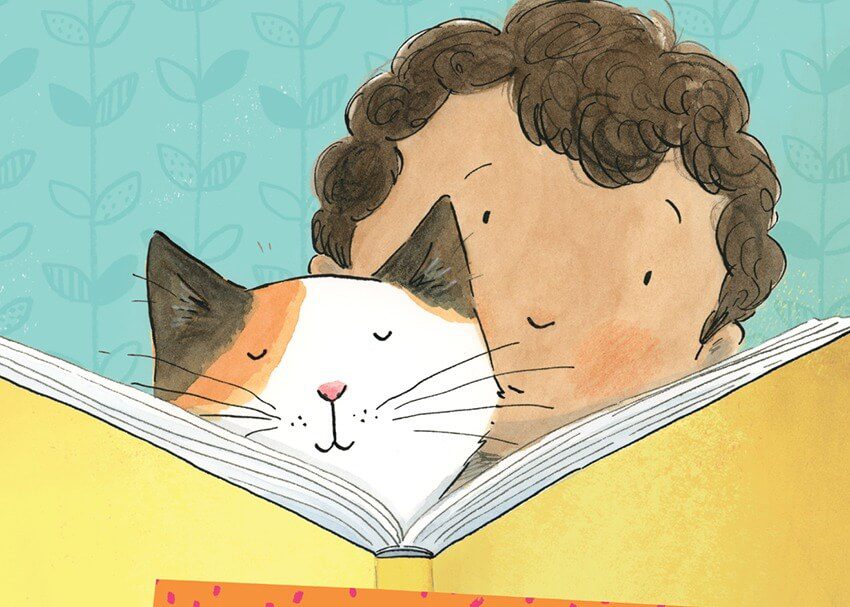 Image of child and cat reading a book